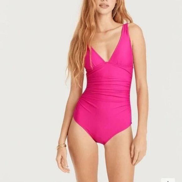 J Crew V-neck One-Piece Fushia Pink Swimming Suit Plus Sz 18 Plunging V-Neck - Picture 1 of 10
